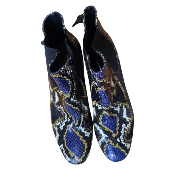 Vanessa Bruno Snake Print Chelsea Ankle Boots Size 39 8.5 Block Heel Blue Yellow - Picture 2 of 8